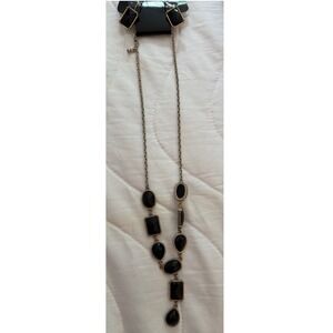 Gold Tone Black Stone Geometric Necklace and Stud Earring Jewelry Set Womens